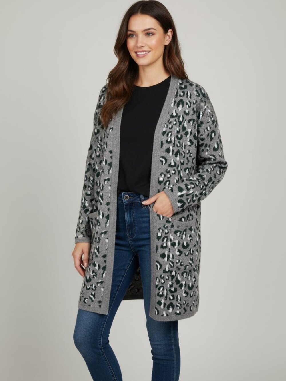 Cynthia Rowley Gray Leopard Print Open-Front Cardigan